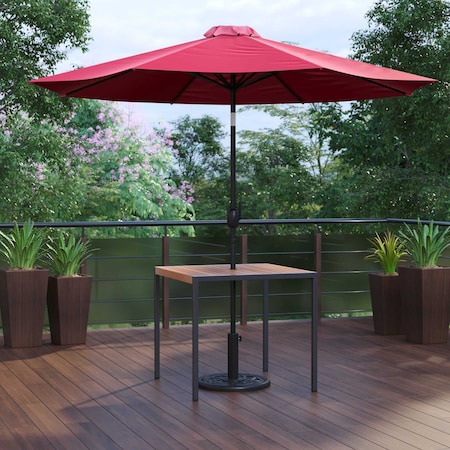 Faux Teak 35 Patio Table-Red Umbrella & Base